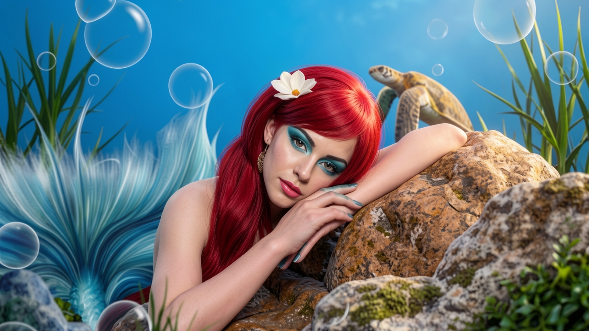 Русалка с красными волосами в подводном мире