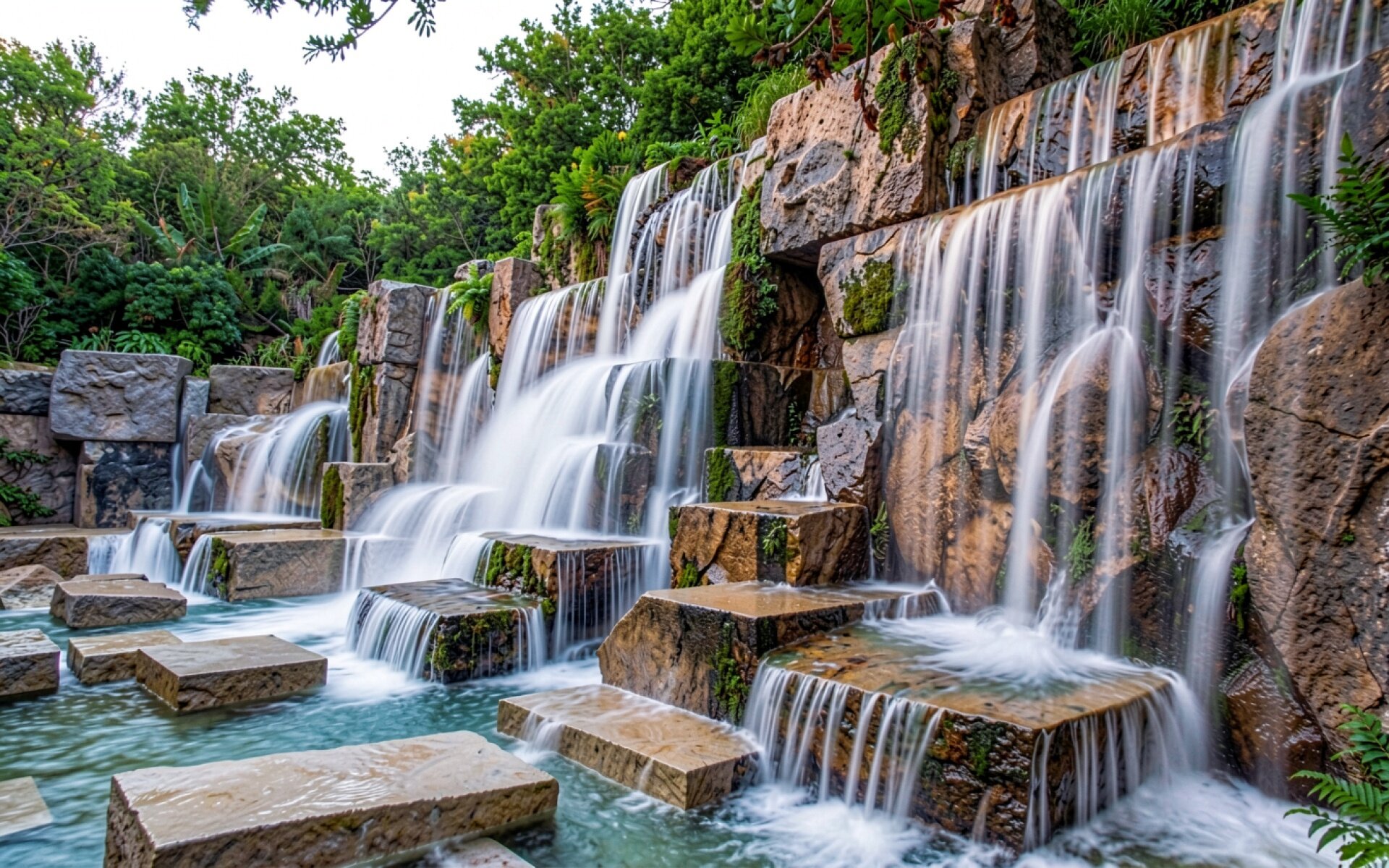 Каскадный водопад среди зеленых тропических растений