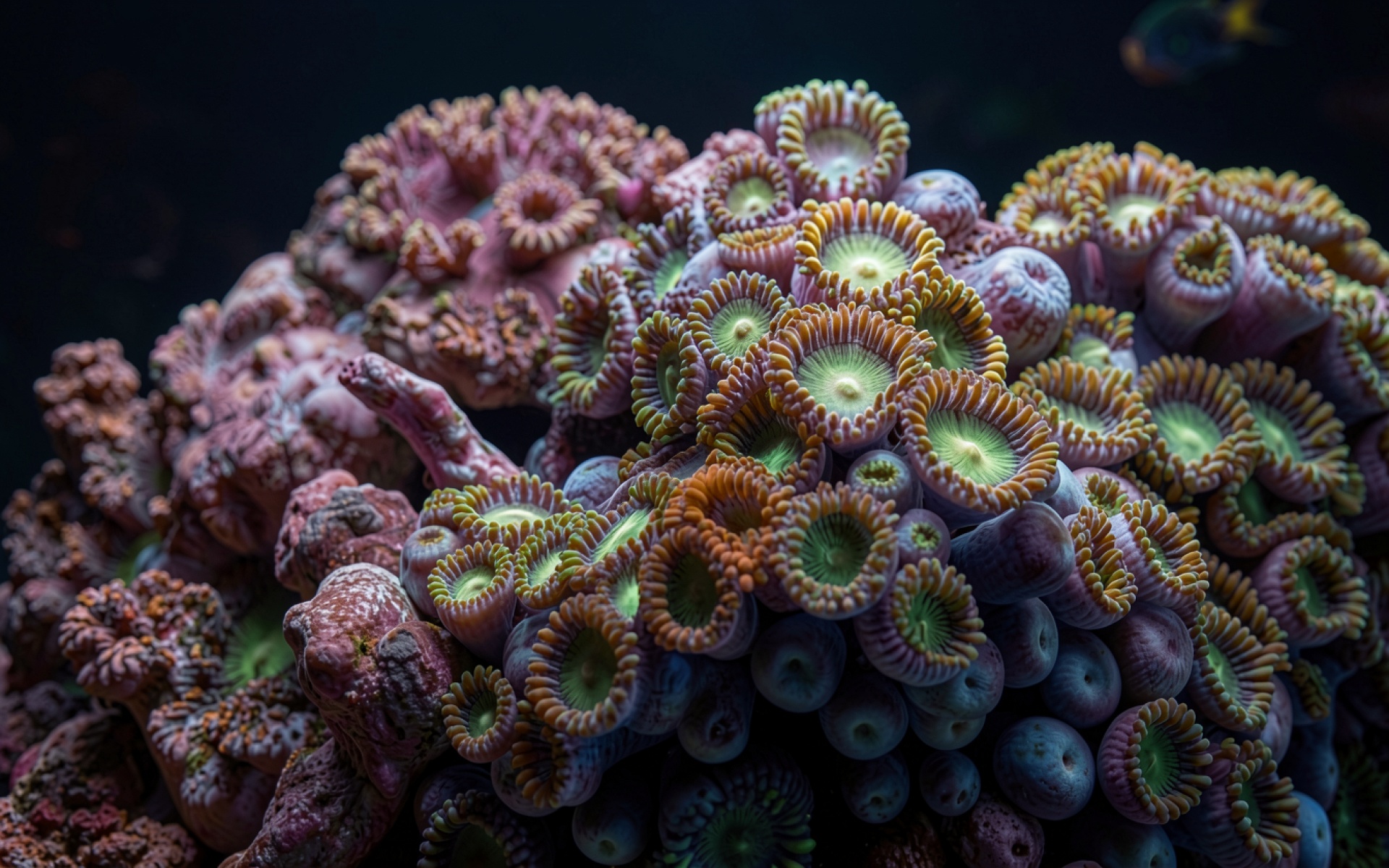 Коралловый риф фиолетового цвета в темном океане