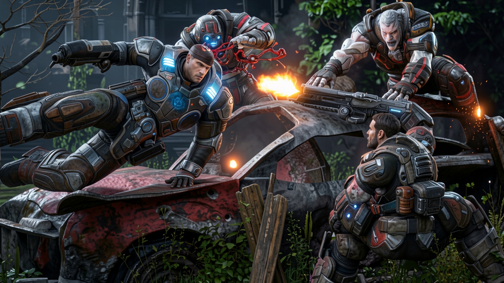 Бой солдат в экзоскелетах среди руин города