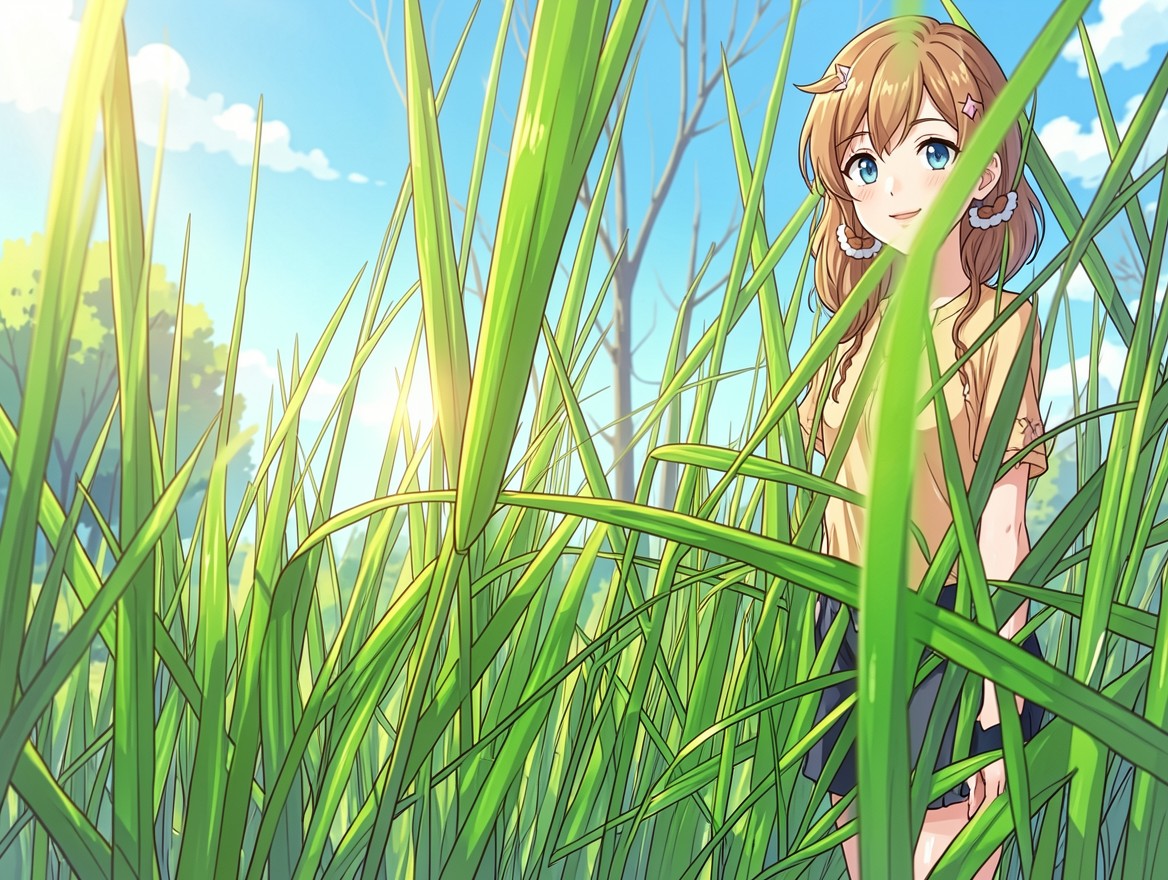 Аниме девушка в высокой зеленой траве