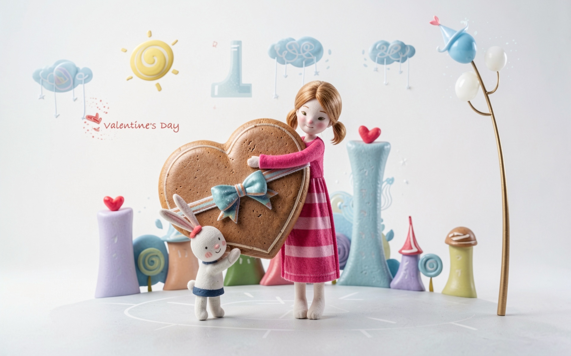 Девочка и кролик с сердцем в пастельных тонах