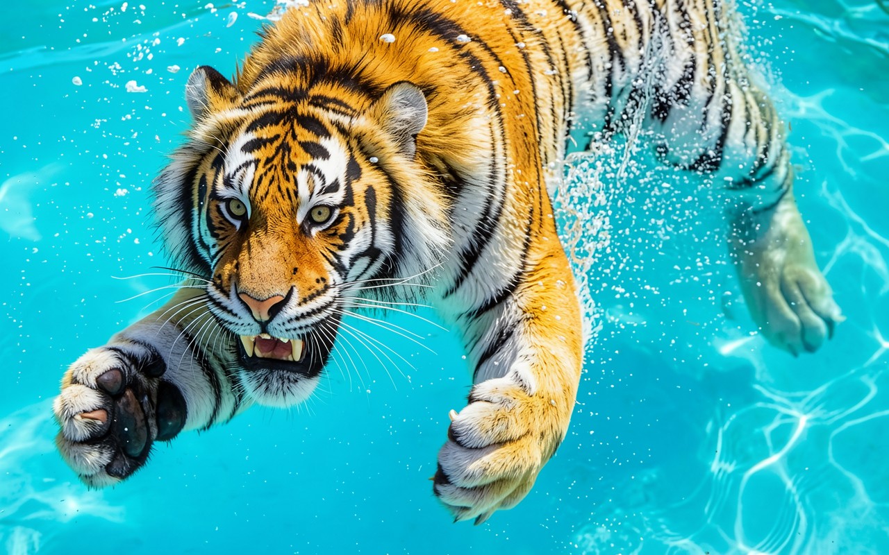 Тигр в голубой воде динамичный прыжок