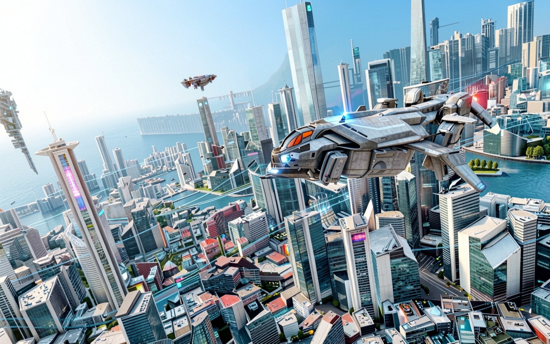 Футуристический космический корабль над белым городом будущего