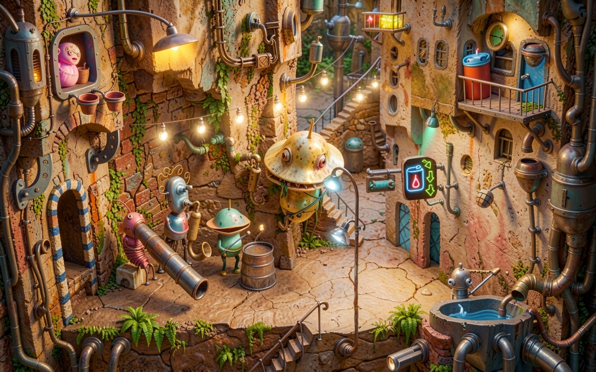 Роботы в индустриальном городе из песчаника