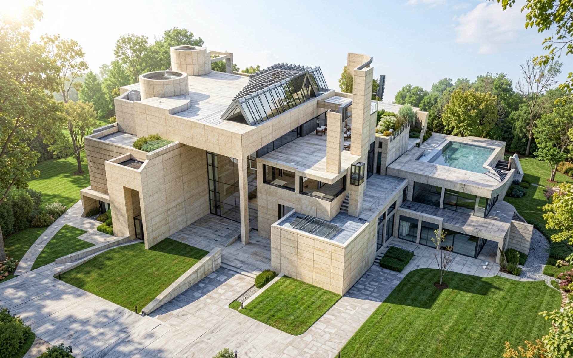 Современный особняк из бежевого камня в лесу