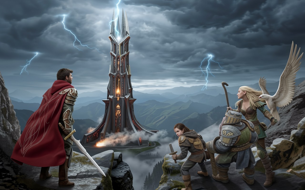 Фэнтези башня с молниями и отрядом героев