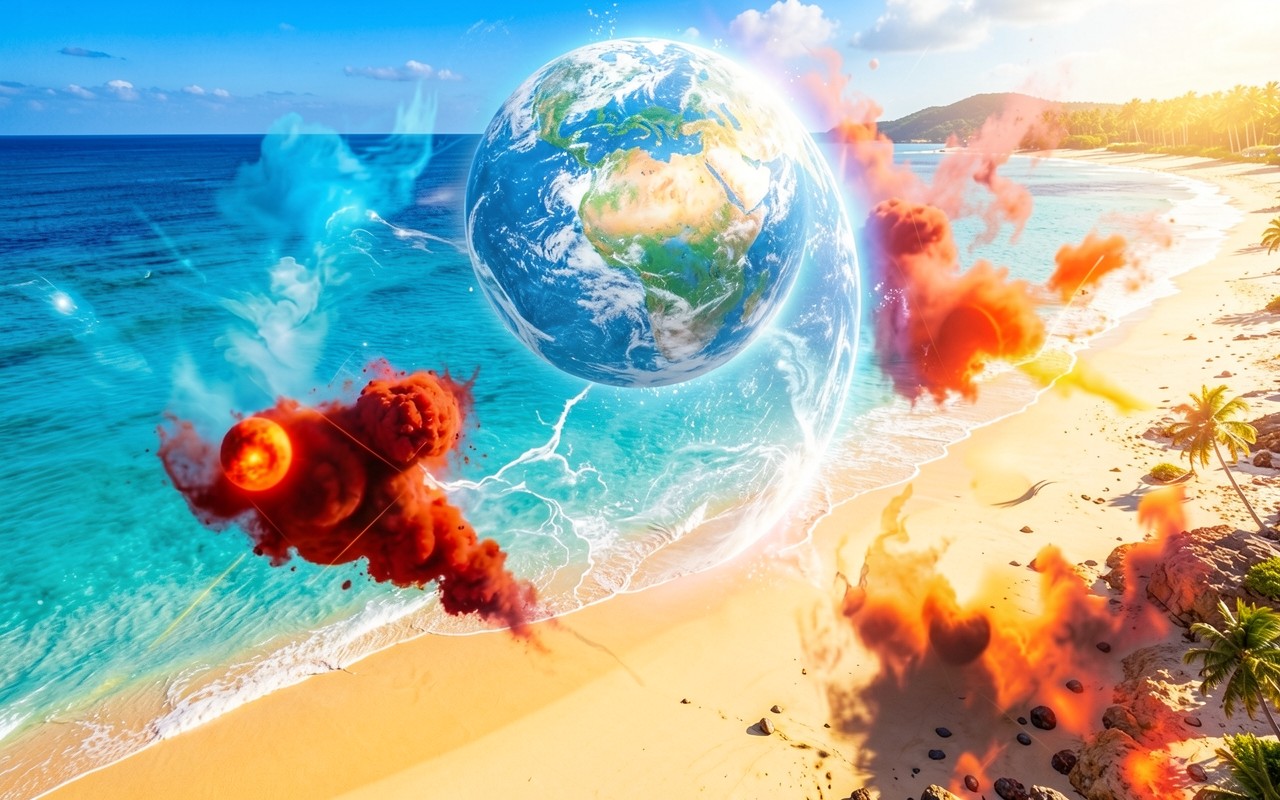 Планета Земля на тропическом пляже с огнем