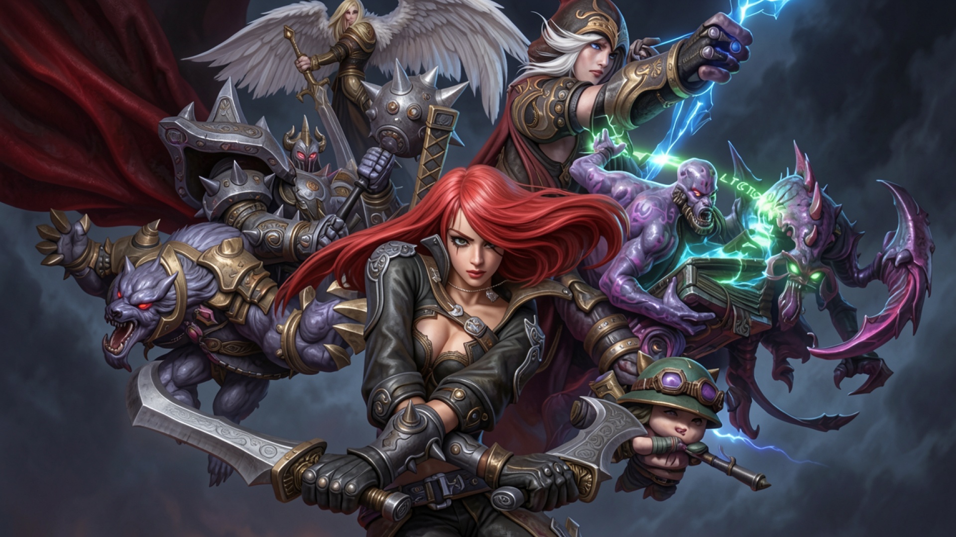 Группа фэнтези героев в темном мрачном стиле