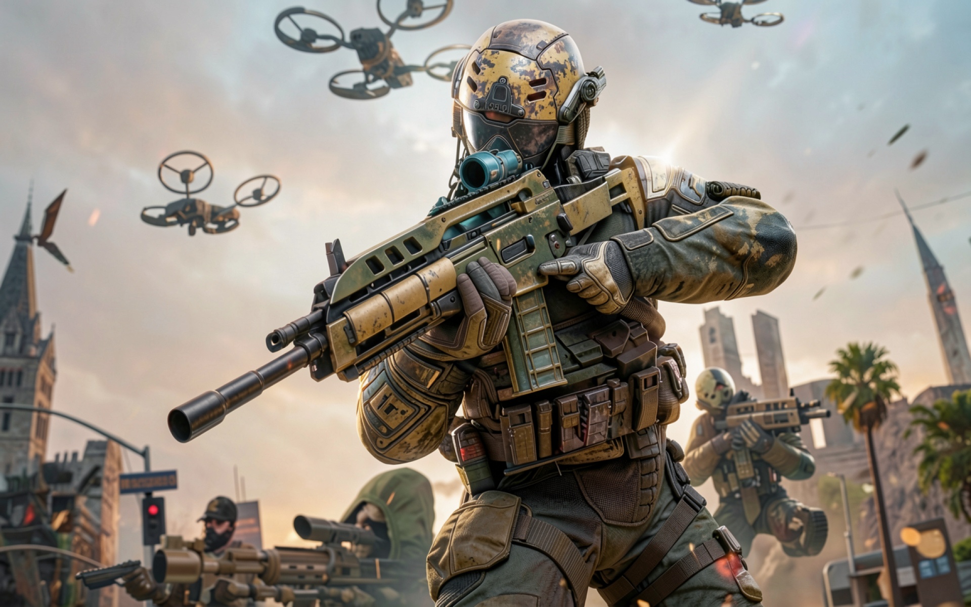 Солдат в тактической броне в городском бою