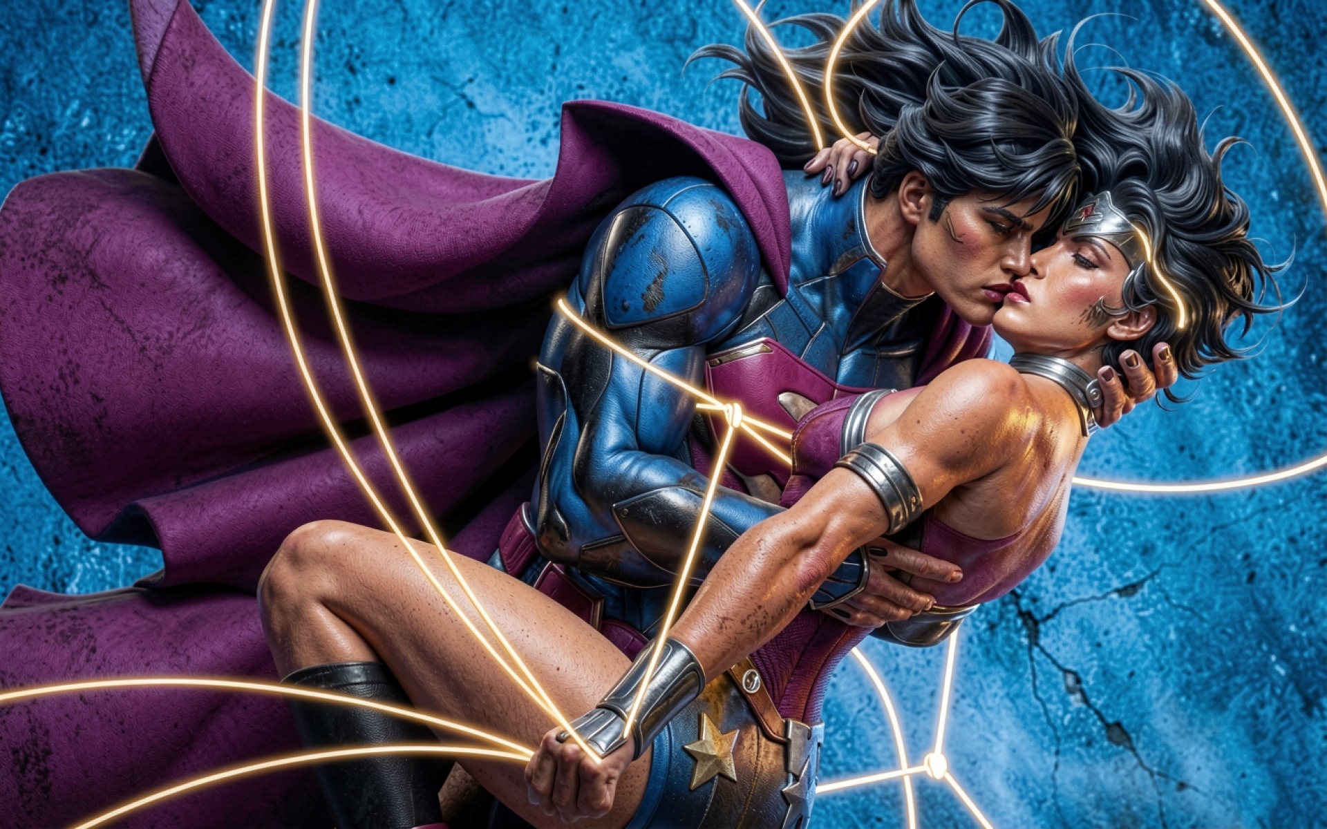 Чудо-Женщина и Супермен в синем неоновом свете