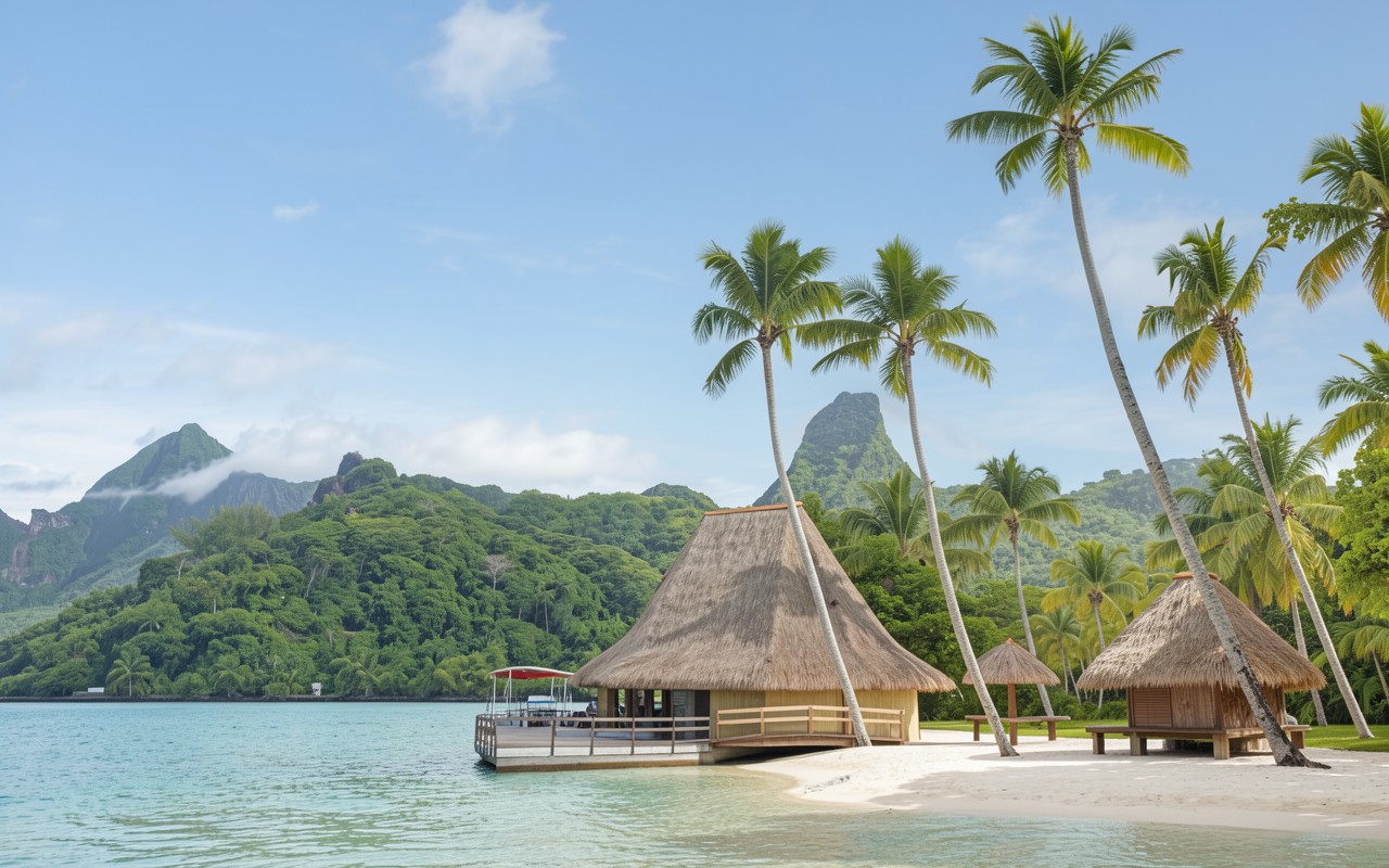 Тропические хижины с соломенной крышей на пляже