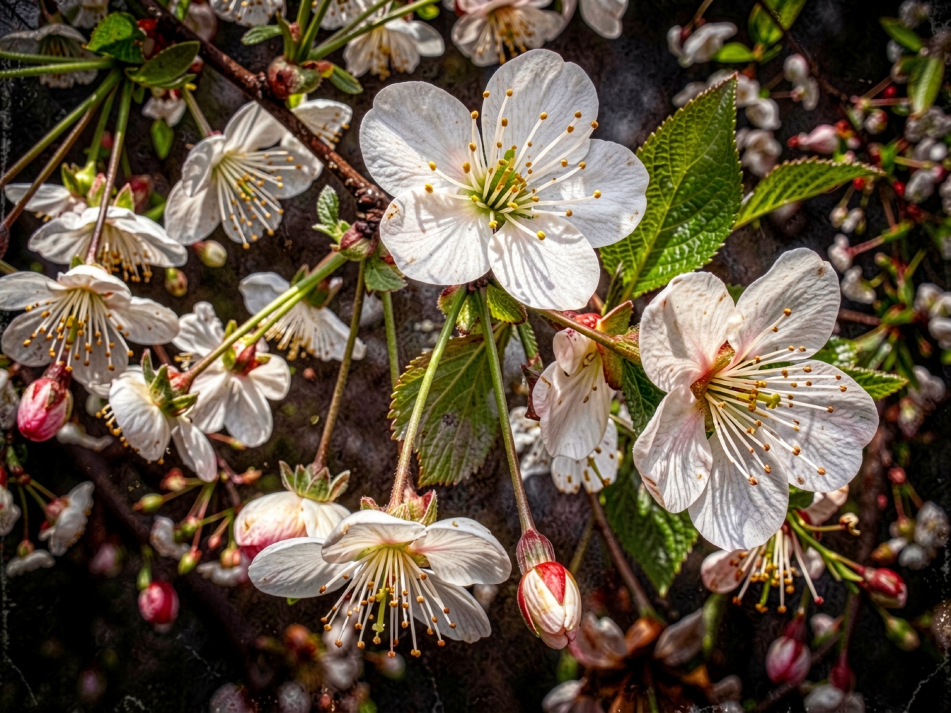 Белые цветы вишни на темном фоне