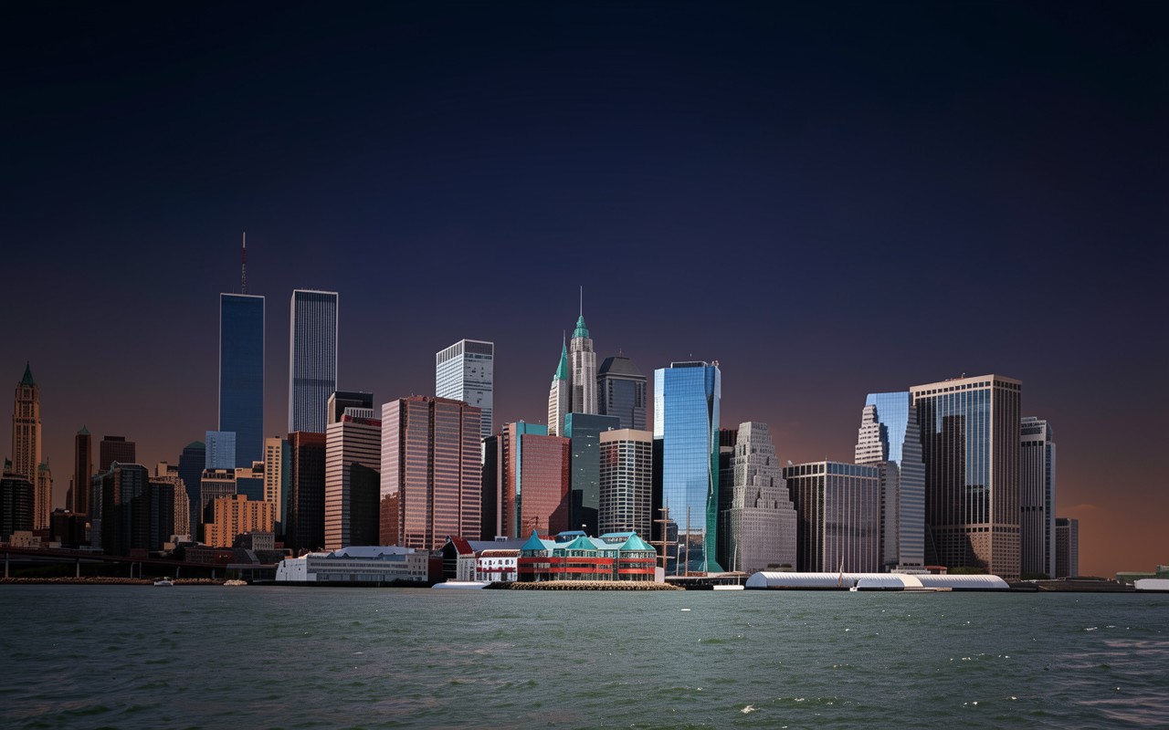 Панорама ночного города с разноцветными небоскребами