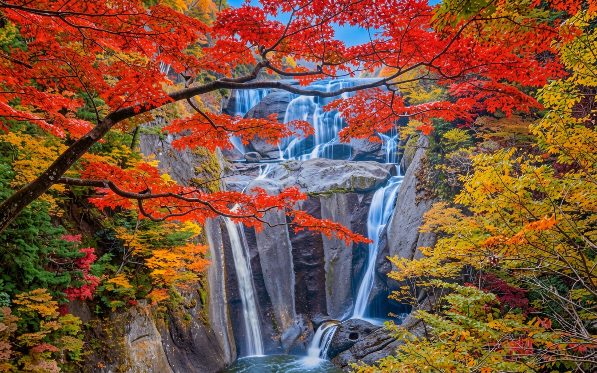 Японский водопад в осеннем лесу с красными кленами