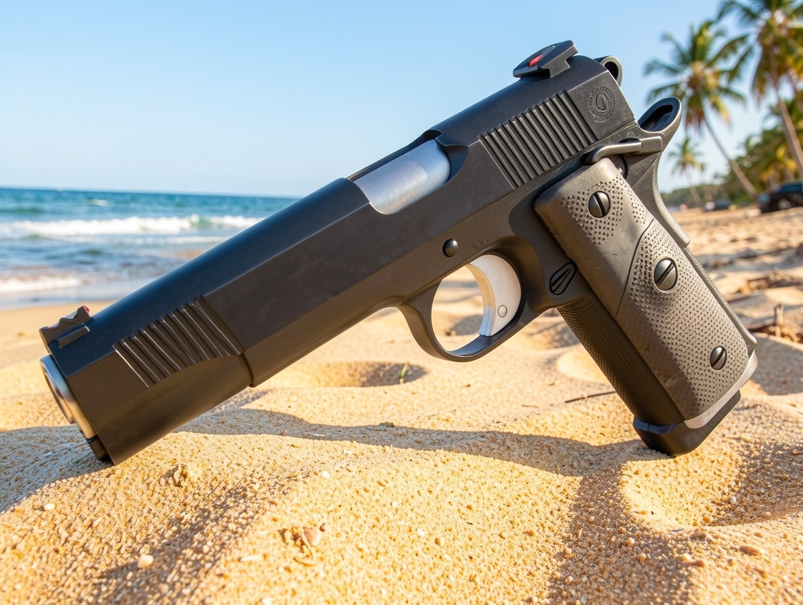 Черный пистолет на золотистом песке пляжа