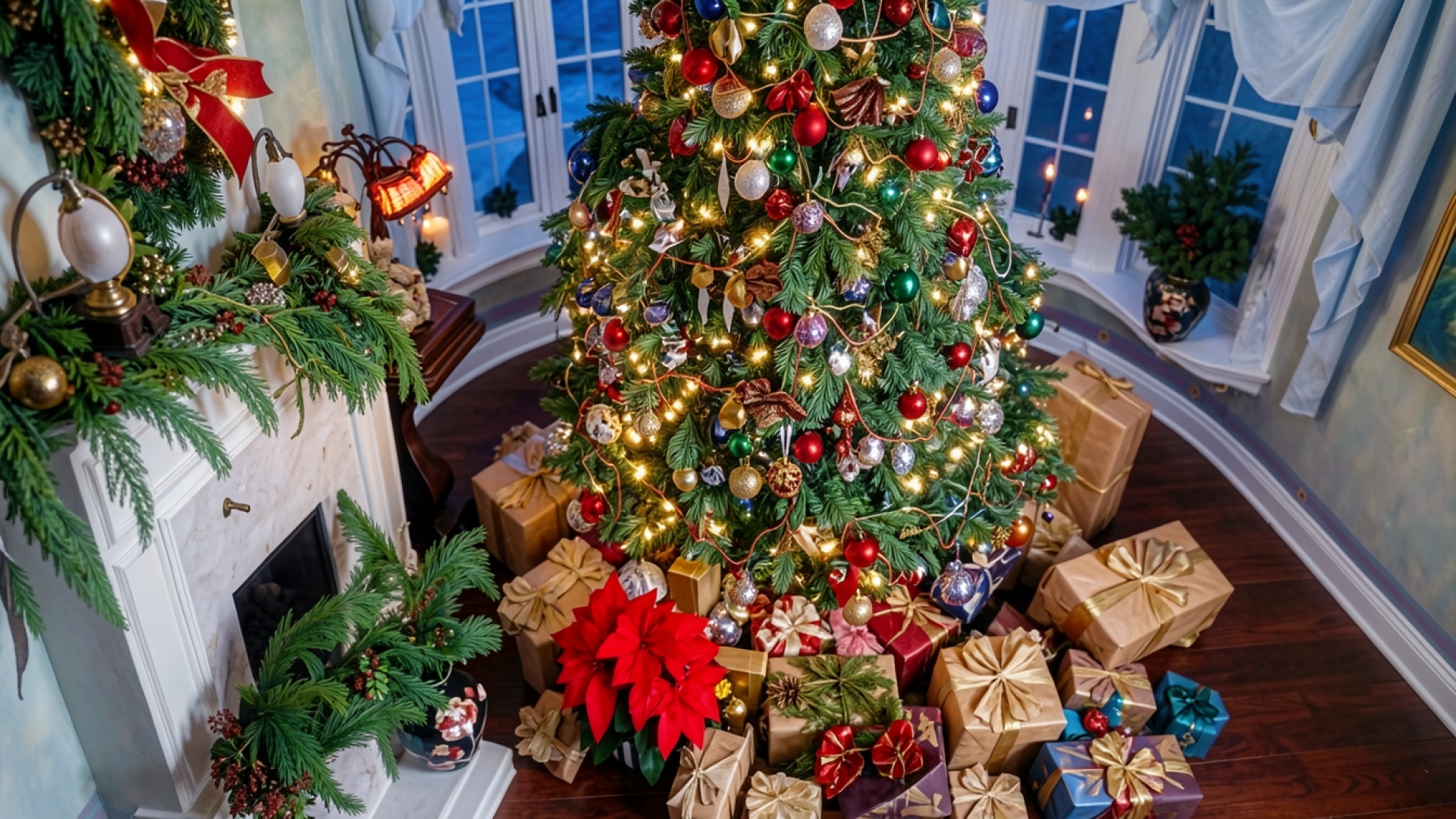 Рождественская елка с подарками в уютном интерьере