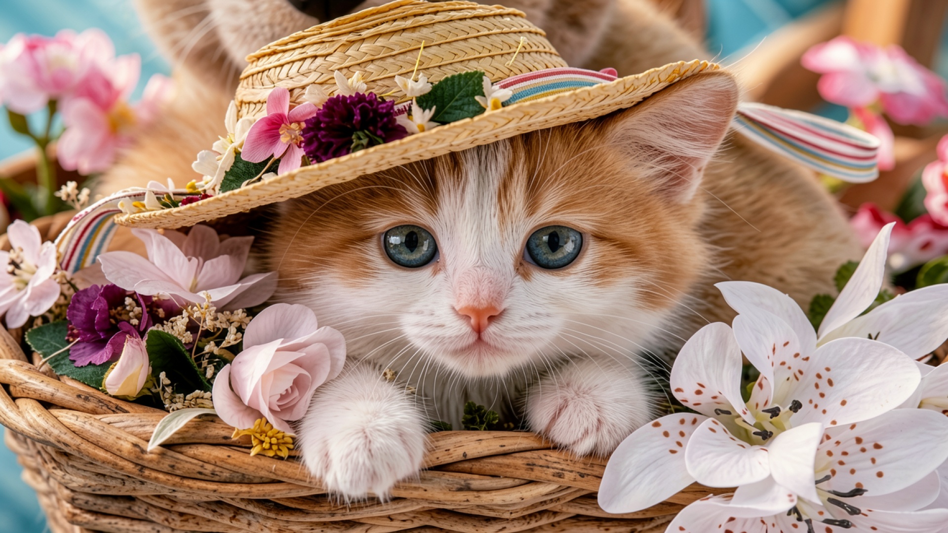 Рыжий котенок в соломенной шляпе среди цветов