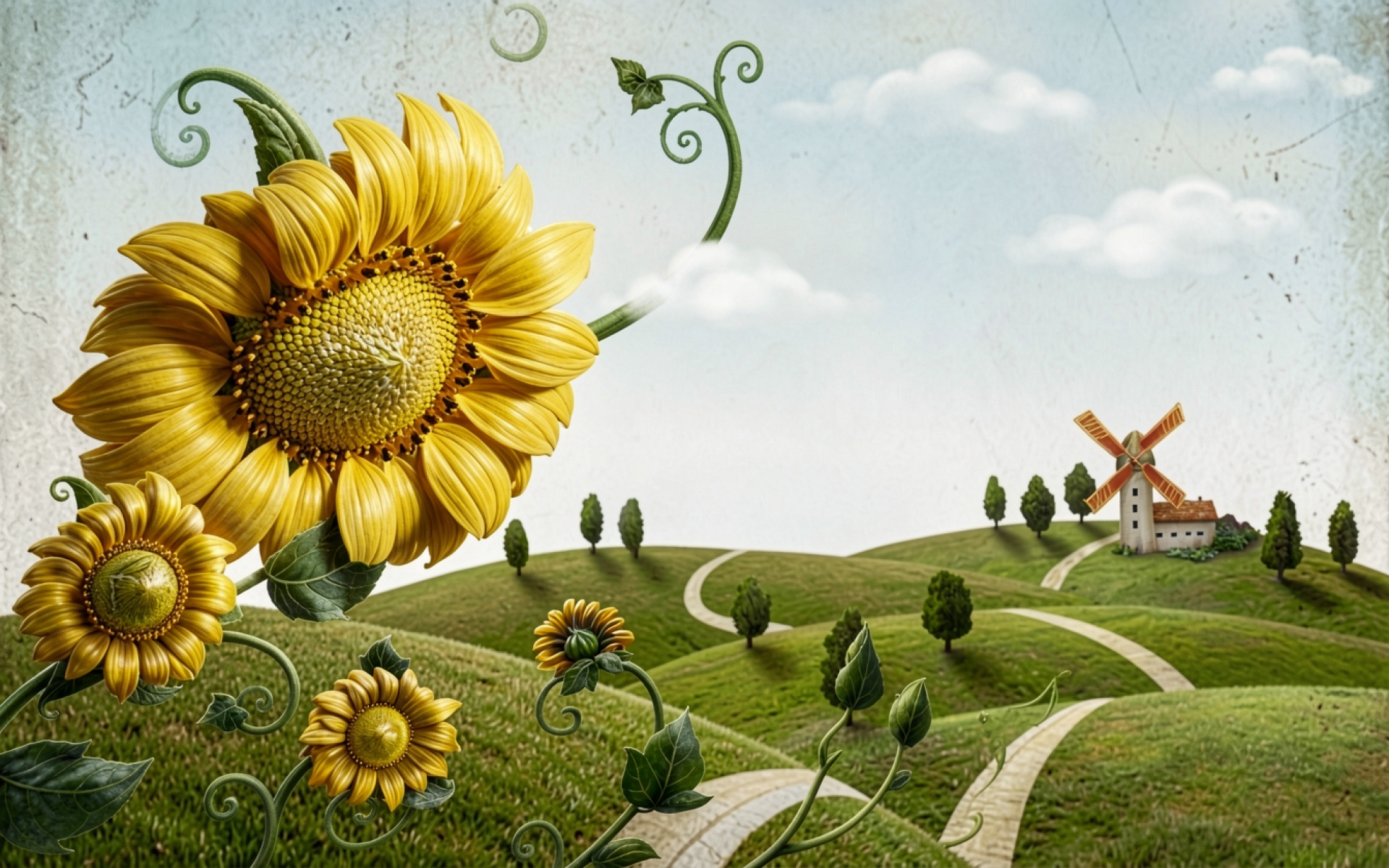 Желтый подсолнух на фоне зеленого холма с мельницей