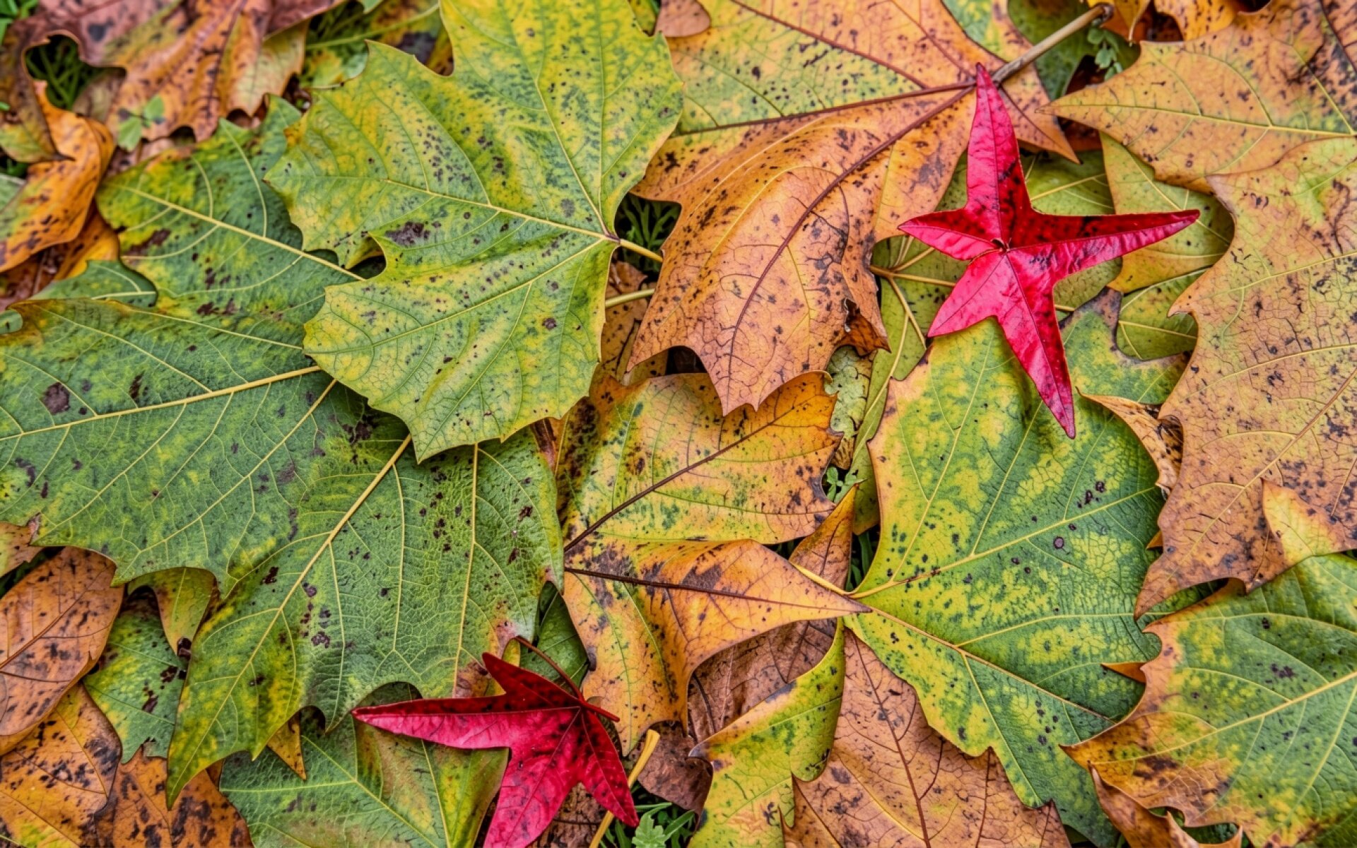 Осенние листья клена красного желтого зеленого цвета