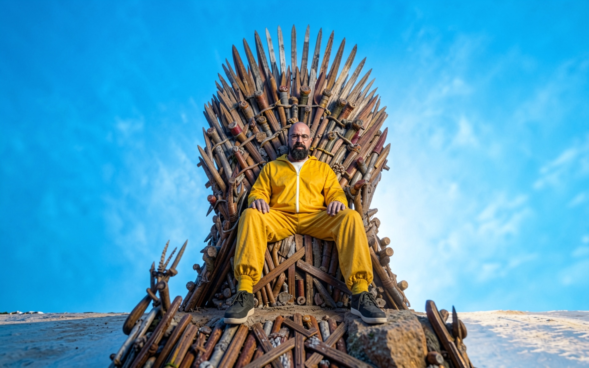 Мужчина в желтом костюме на железном троне