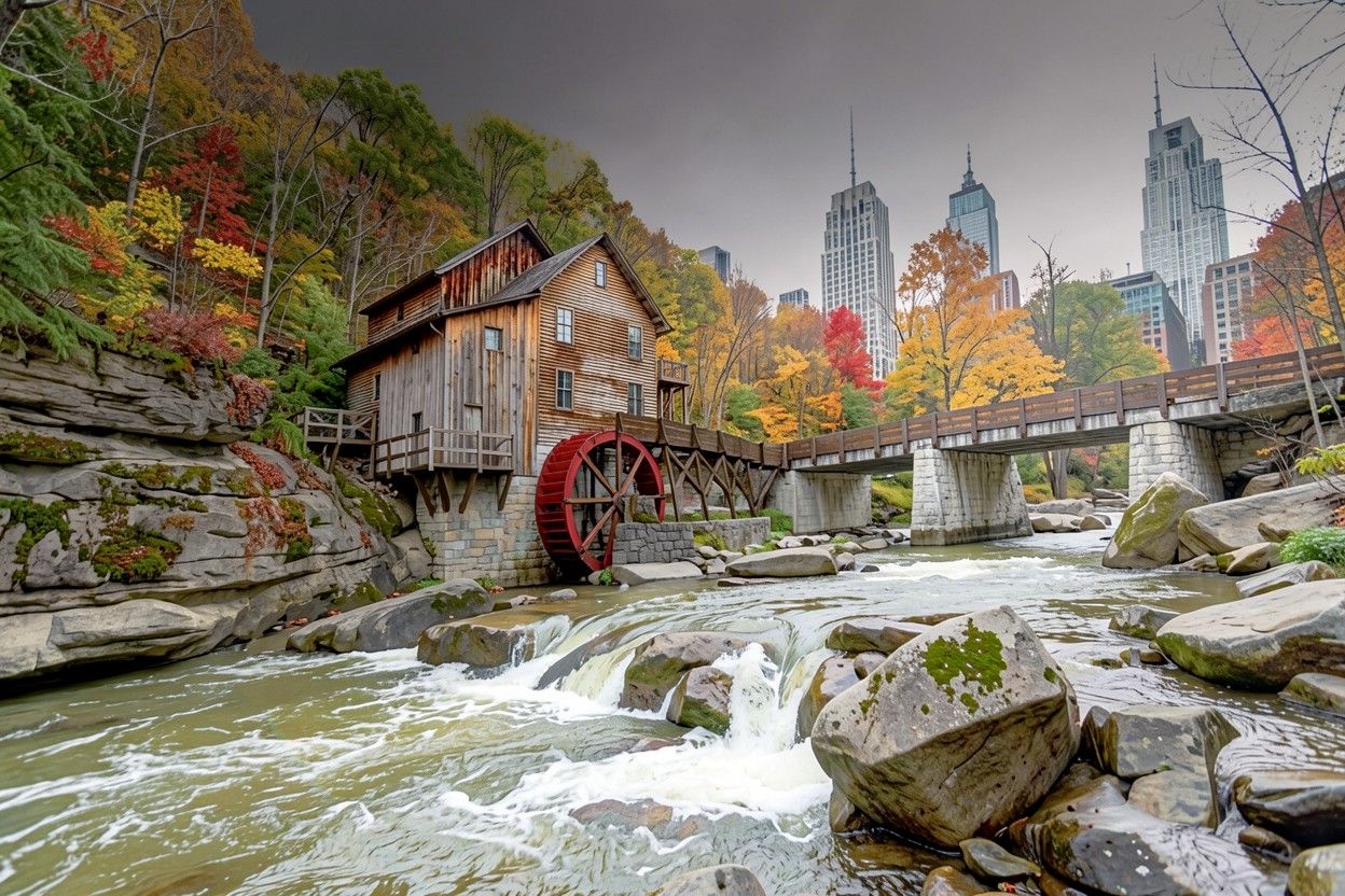 Деревянная мельница у реки в осеннем лесу