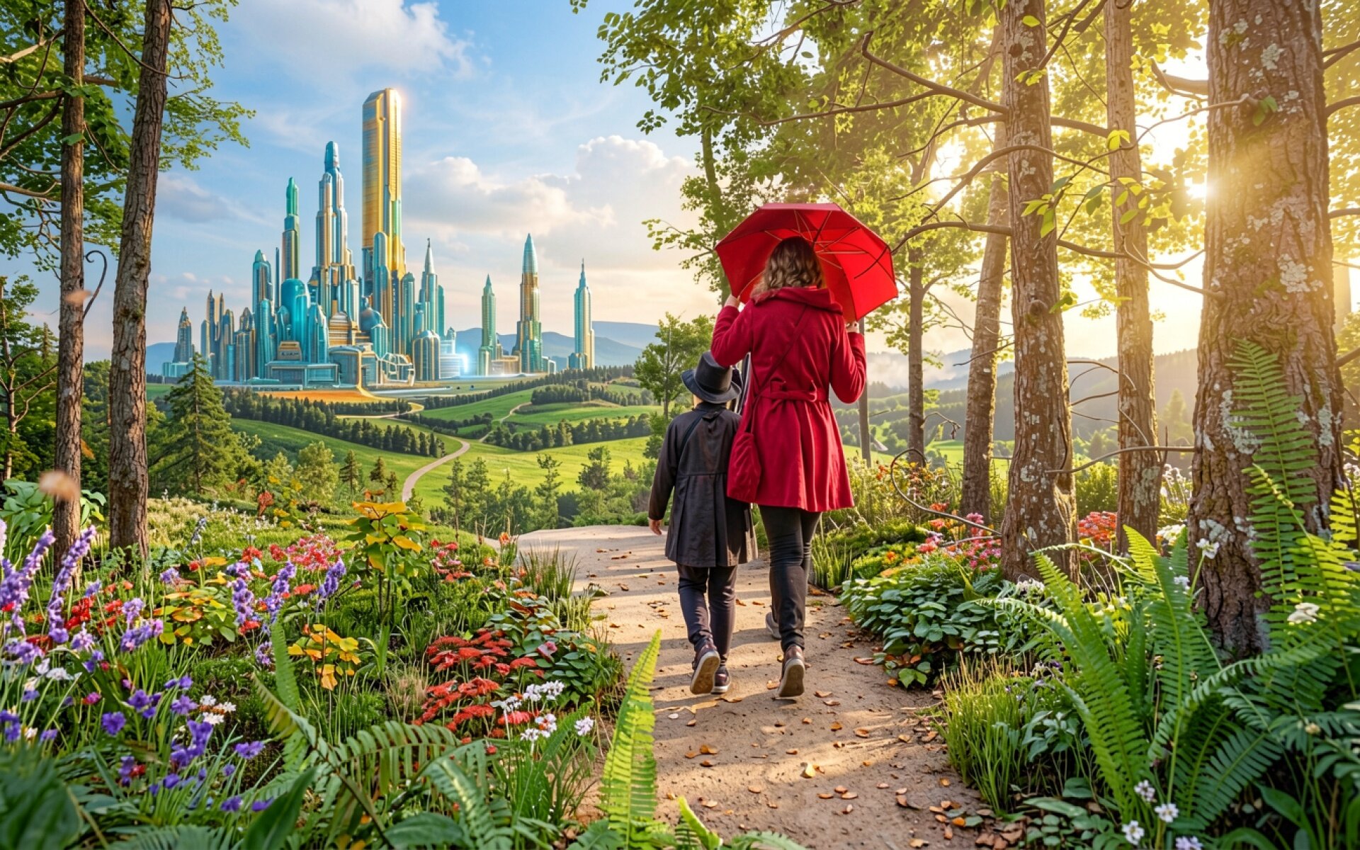 Футуристический город с золотыми шпилями в лесу