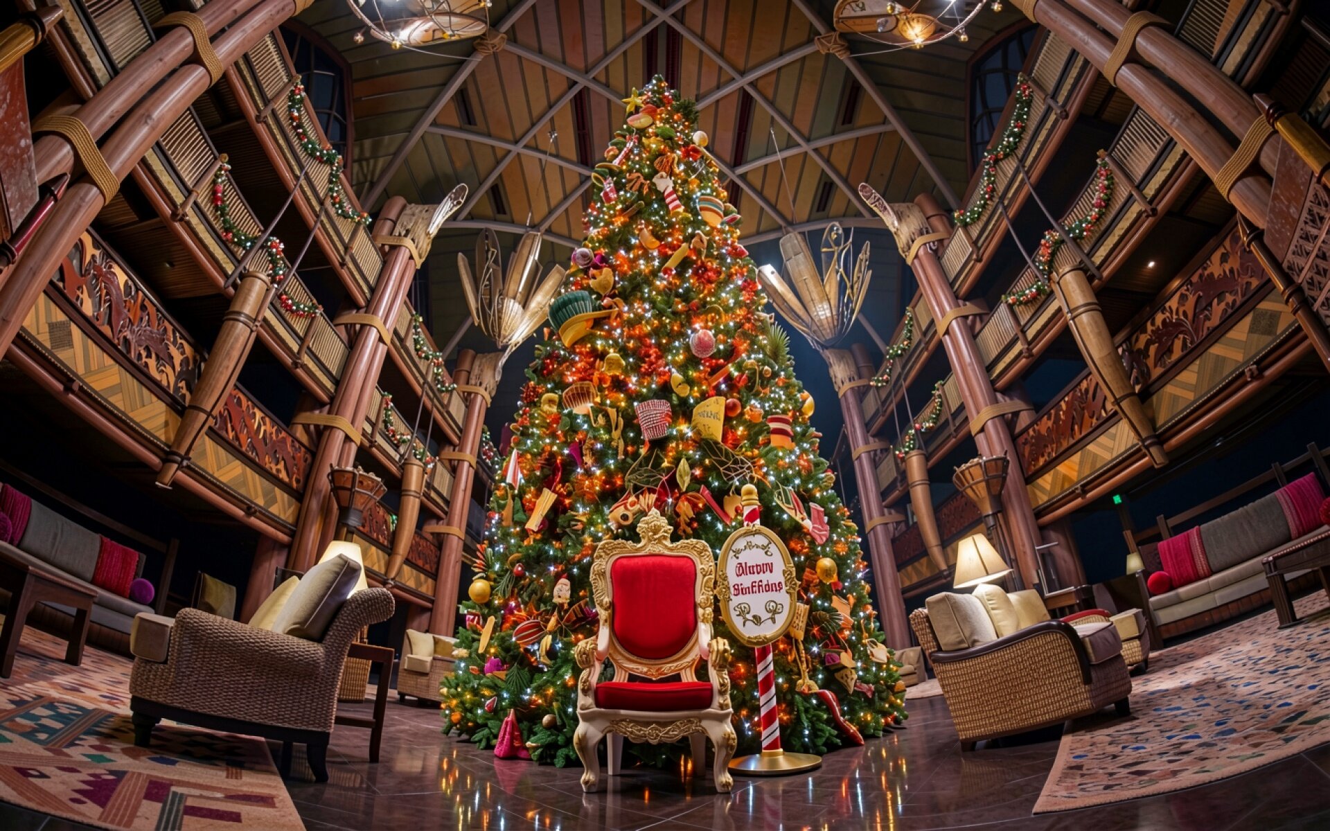 Рождественская елка в деревянном интерьере лобби