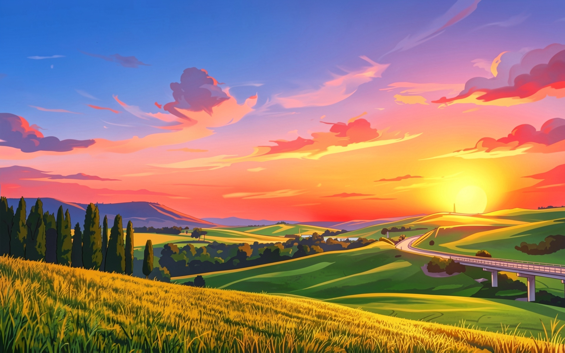 Пейзаж Тосканы закатное солнце золотые поля