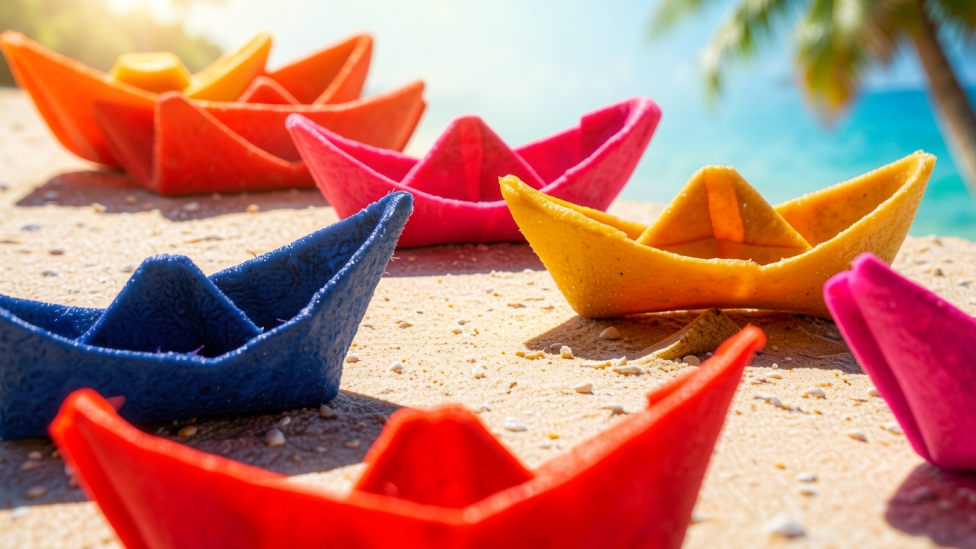Разноцветные бумажные кораблики на песчаном пляже