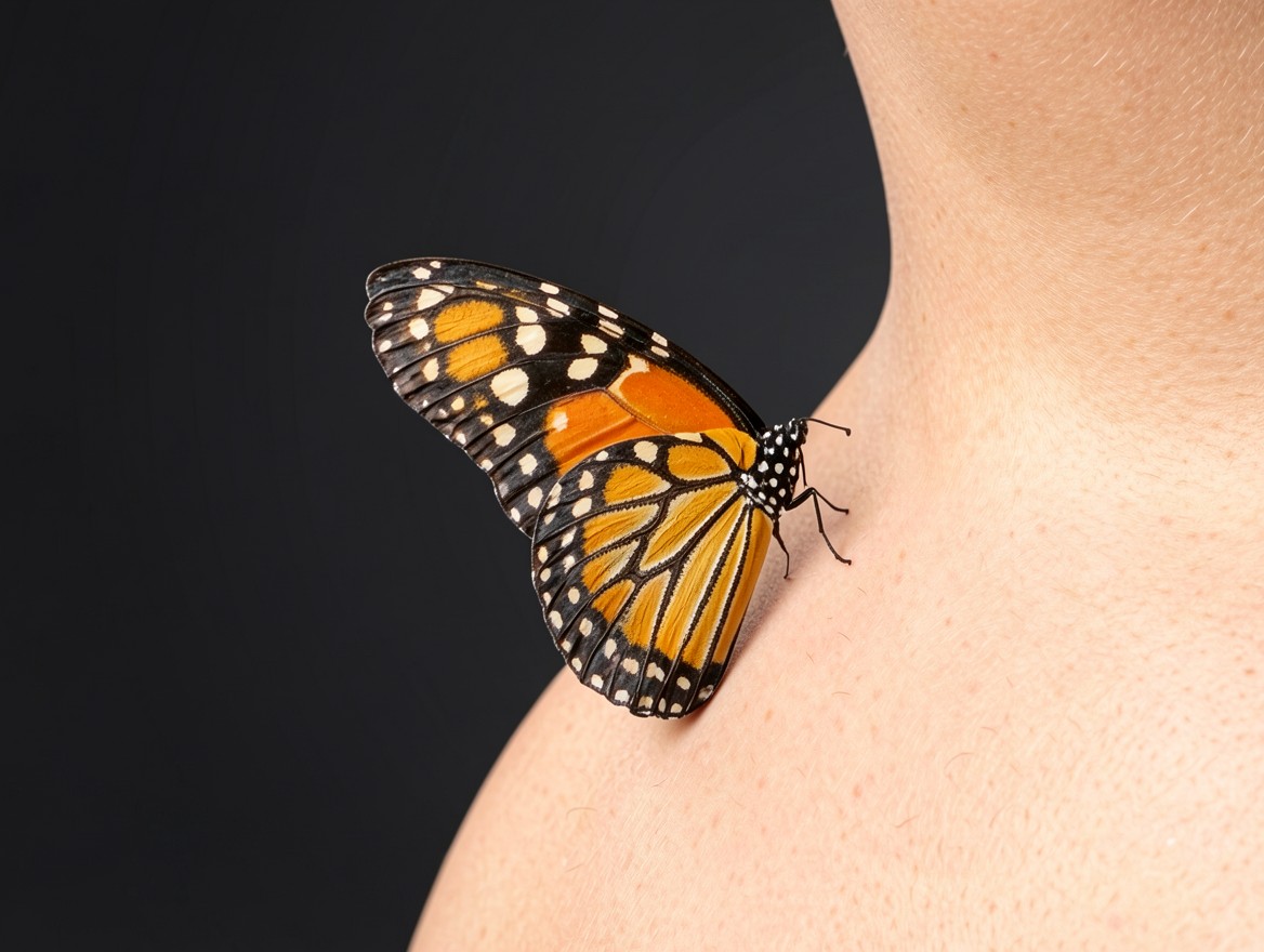 Оранжевая бабочка монарх на коже человека
