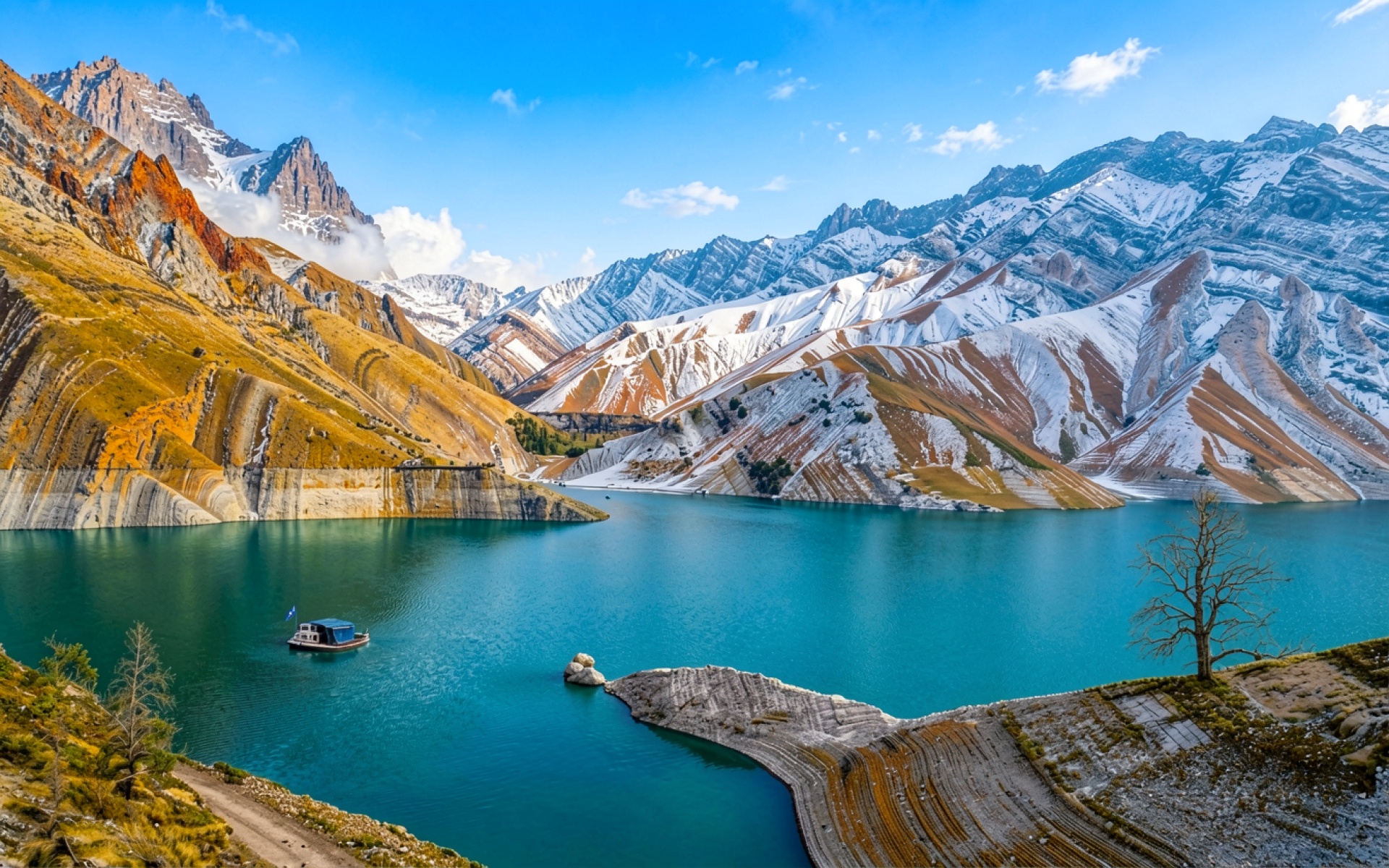 Бирюзовое озеро в окружении заснеженных гор