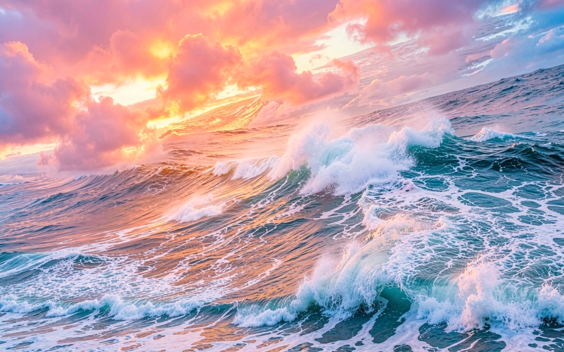 Морская волна в розовых тонах заката