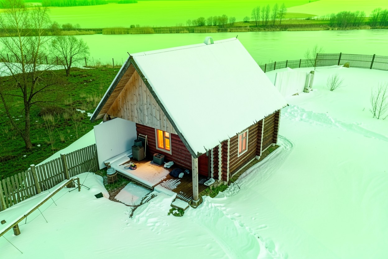 Деревянный зимний дом в заснеженном лесу