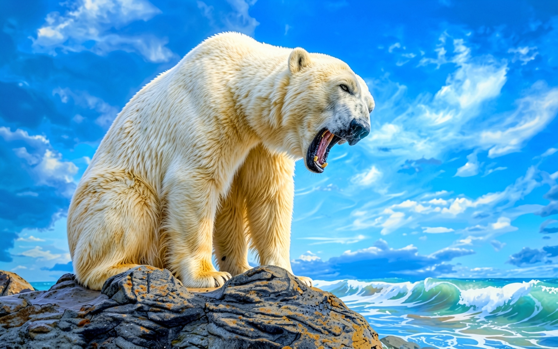 Белый медведь на скалах у океана