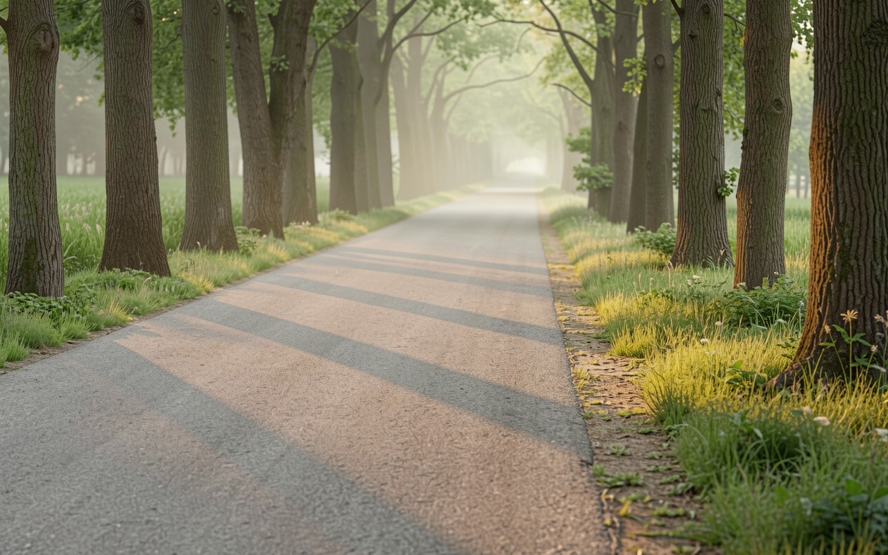 Туманная дорога в аллее из зеленых деревьев