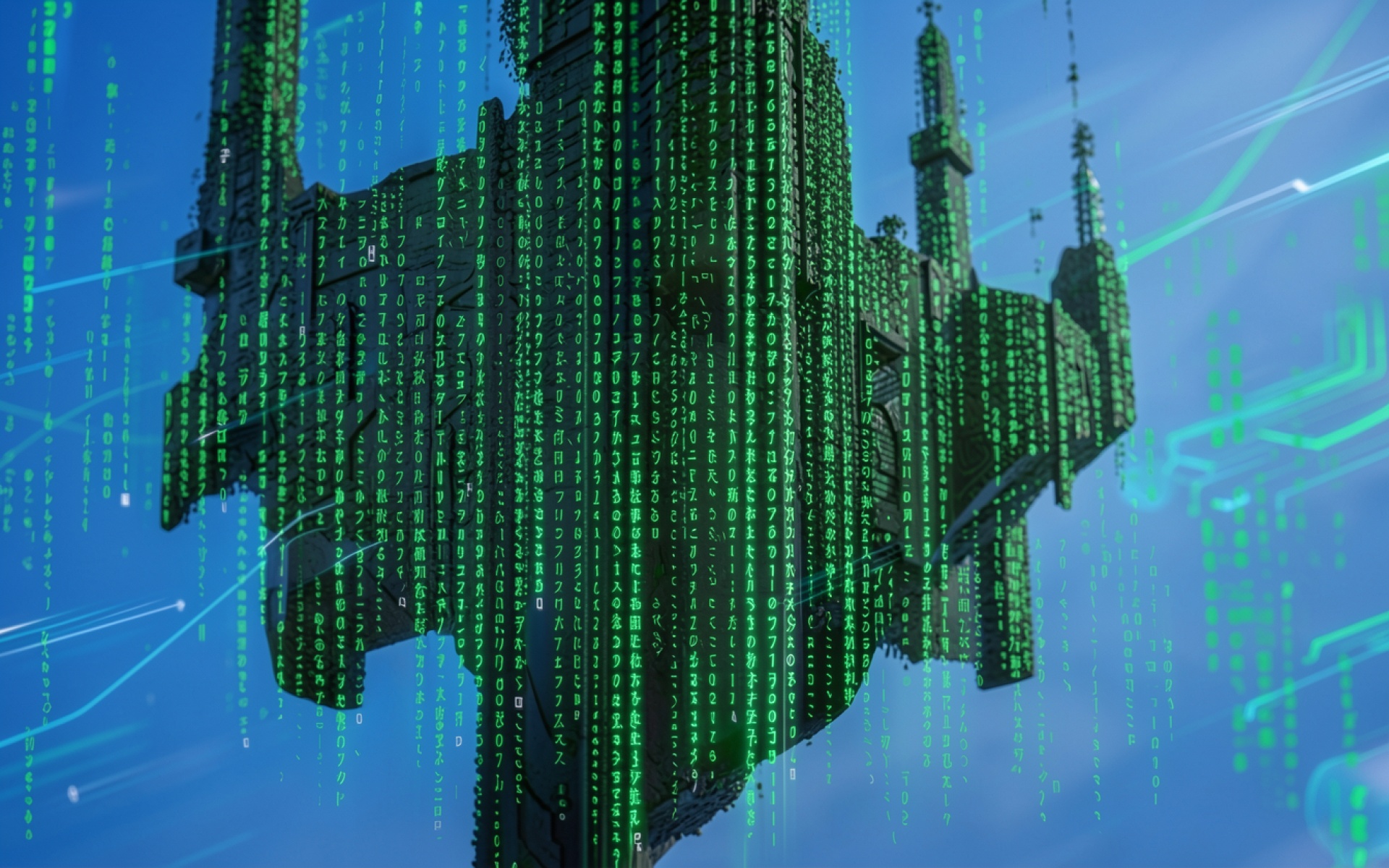 Киберпанк город с зеленым цифровым кодом