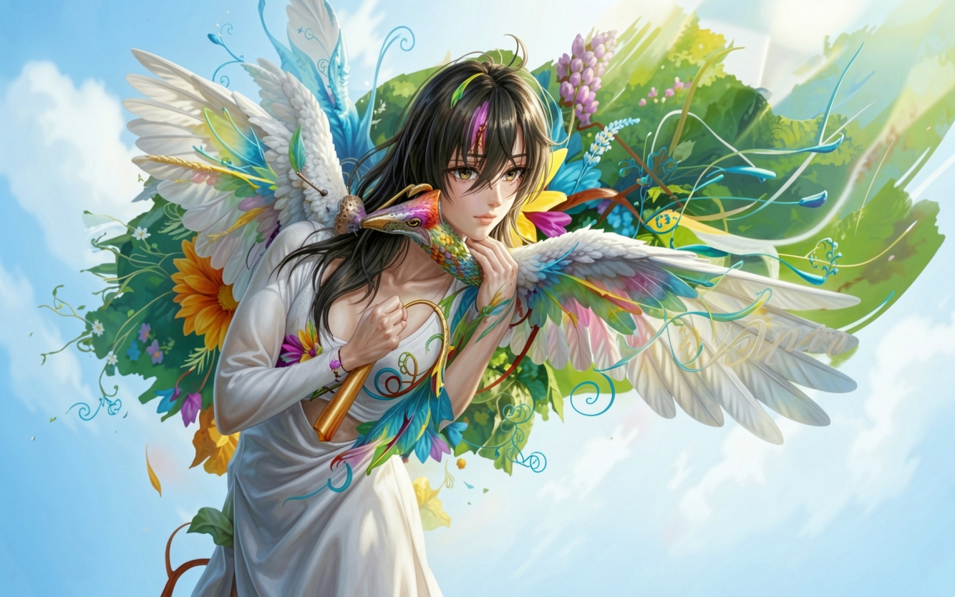 Девушка с разноцветным фениксом в белом платье