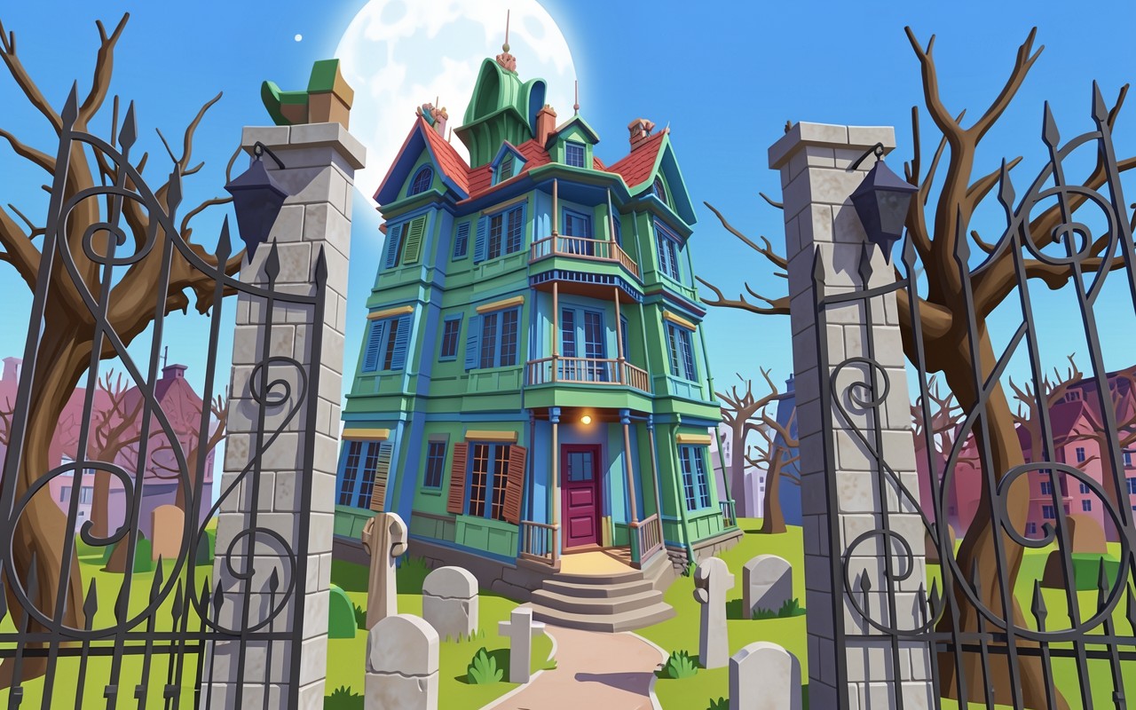 Готический особняк в зеленом стиле на кладбище