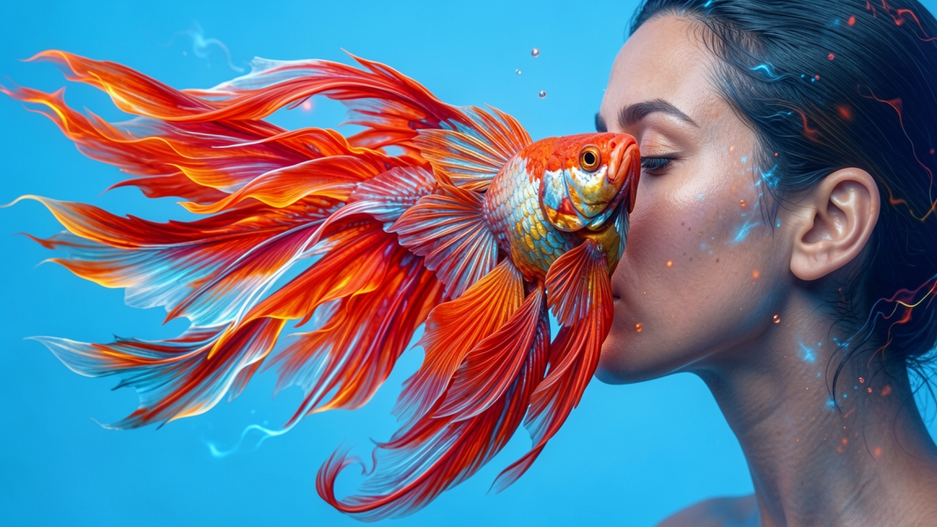Рыбка петушок и девушка в синем пространстве