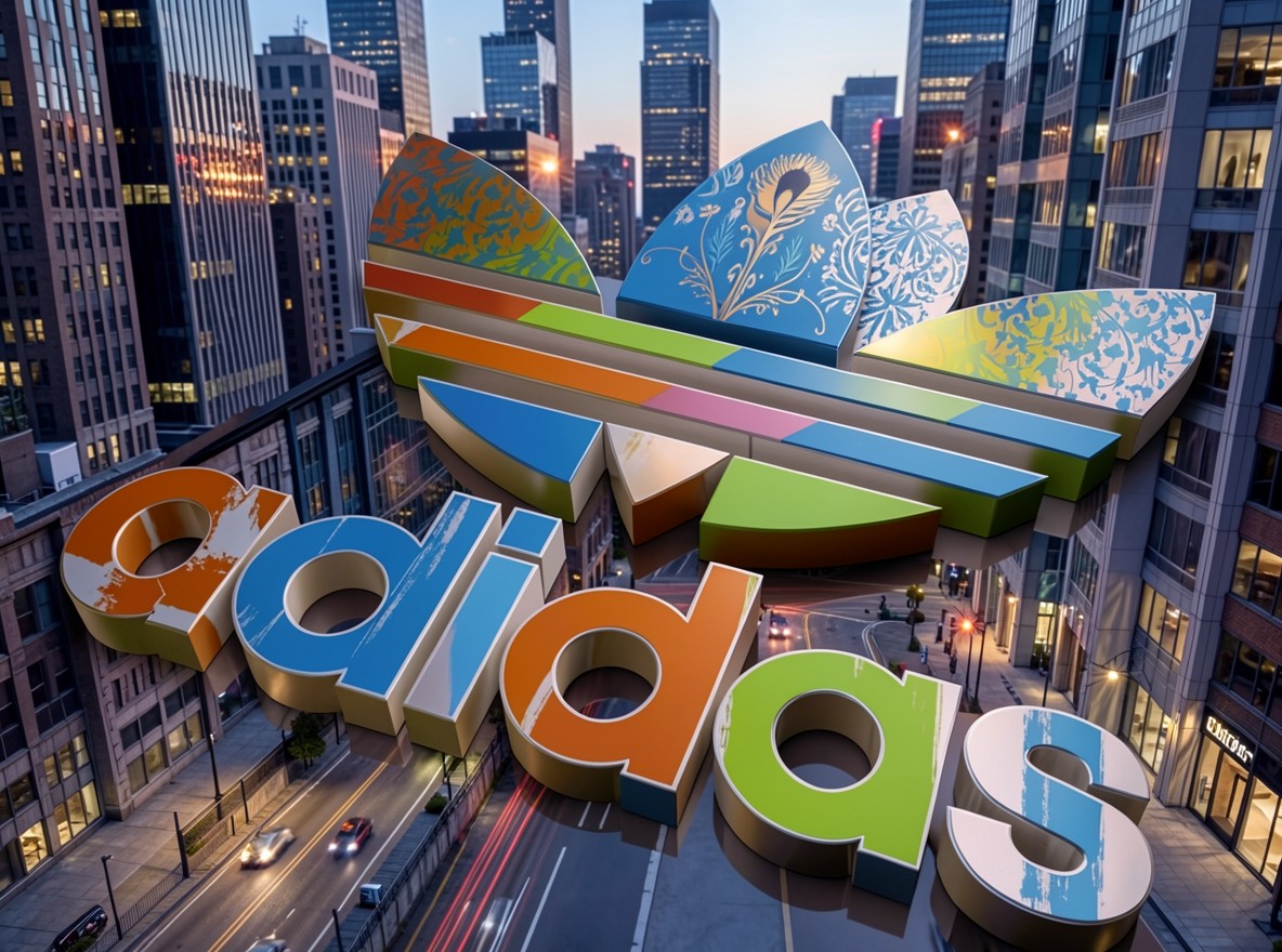 Логотип Adidas в центре современного мегаполиса