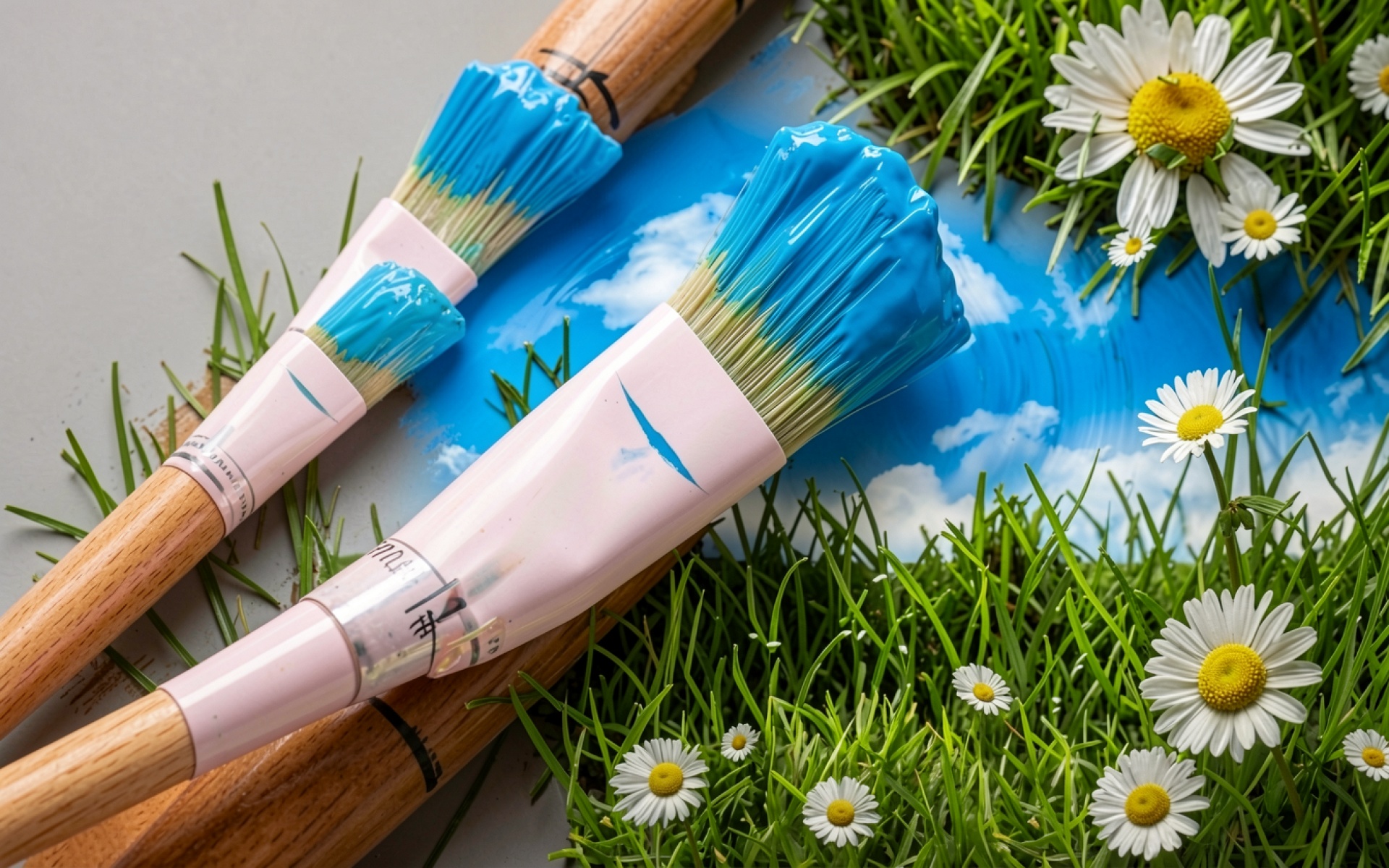 Кисти для рисования с голубой краской и ромашками