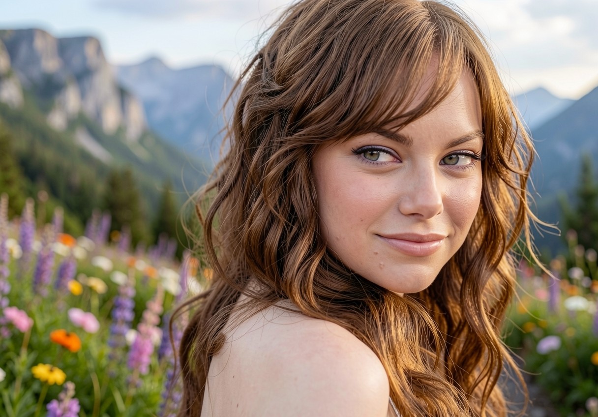 Рыжеволосая девушка в цветущем горном лугу
