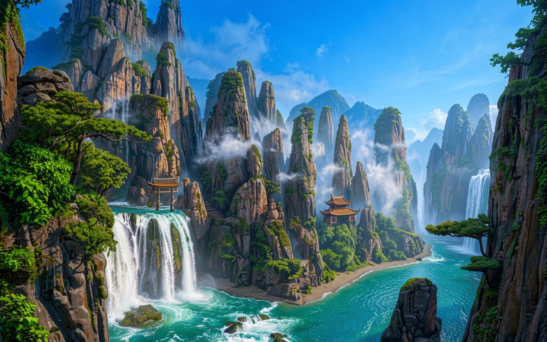 Китайский пейзаж с горами водопадами и пагодами