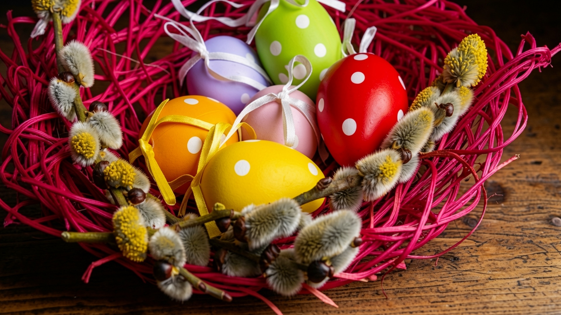 Разноцветные пасхальные яйца в розовом гнезде