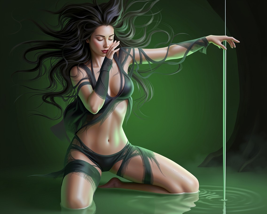 Девушка в черном платье в зеленом тумане