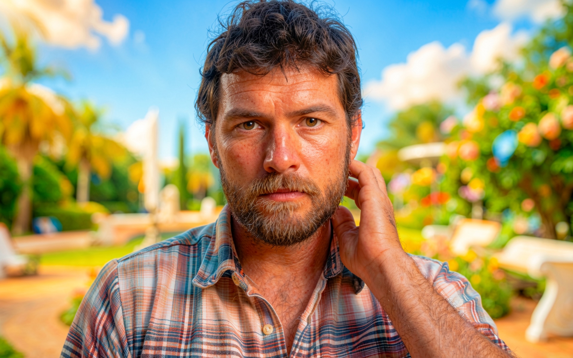 Мужчина с бородой в клетчатой рубашке в саду