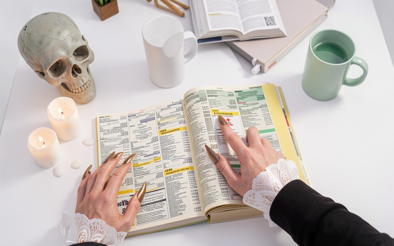 Руки с длинными ногтями в книге