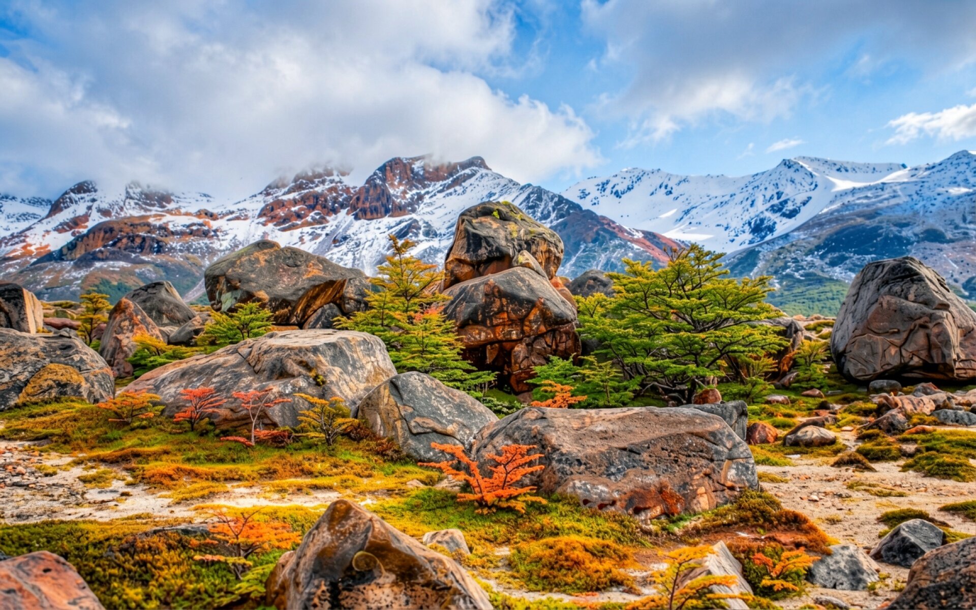 Горный пейзаж с валунами и заснеженными вершинами