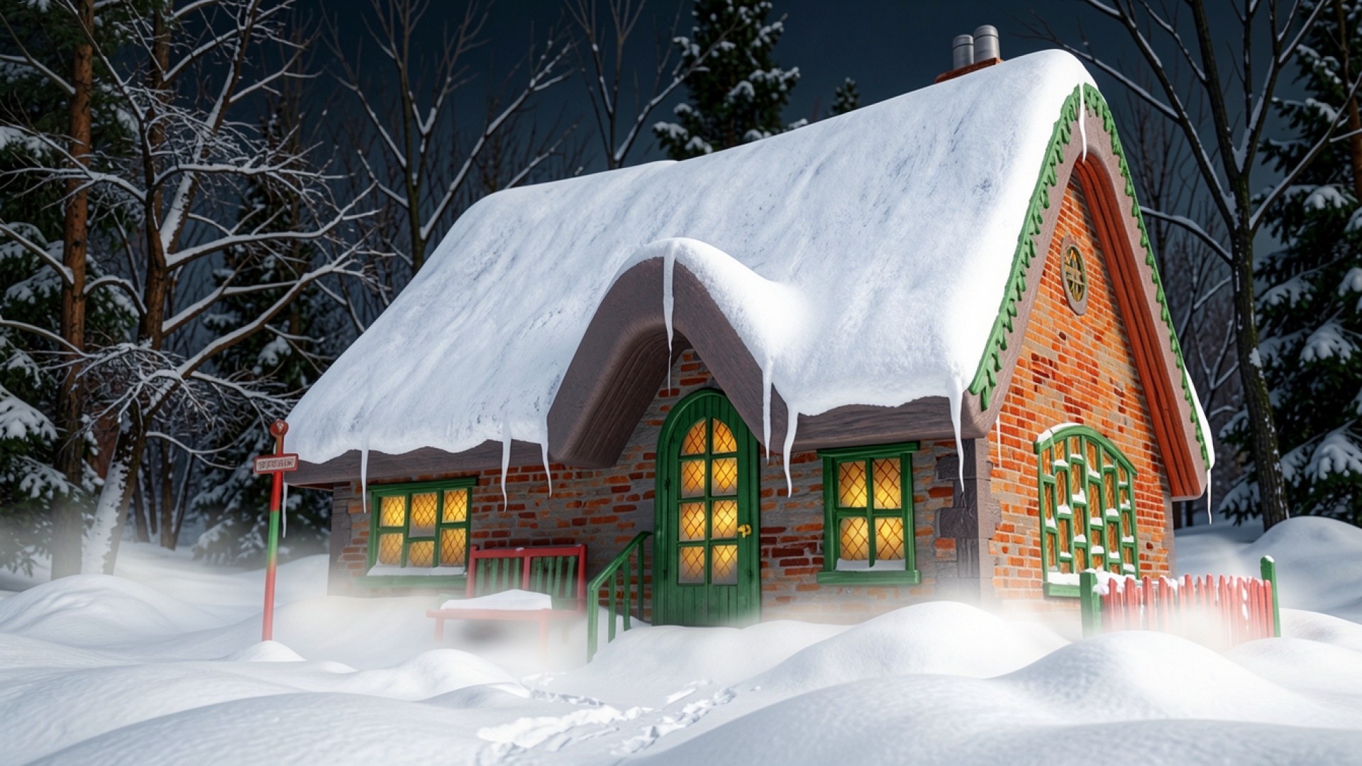 Уютный кирпичный домик в заснеженном лесу ночью